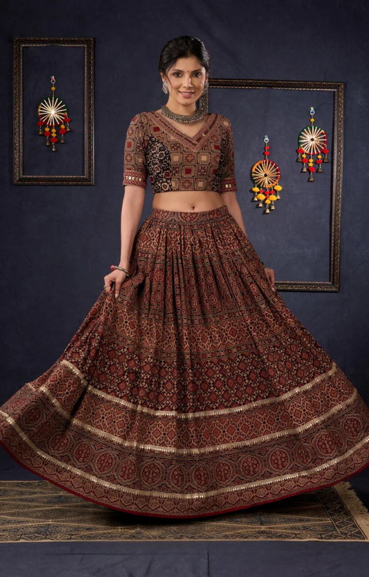 Elegant Maroon & Black Ajrakh Lehenga With Matching Blouse & Dupatta.