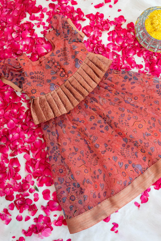 Coral Peach Kalamkari Top & Skirt