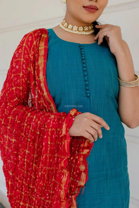 Blue Kota Silk Suit Set With Bandhini Dupatta