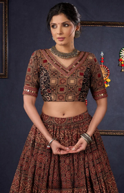Elegant Maroon & Black Ajrakh Lehenga With Matching Blouse & Dupatta.
