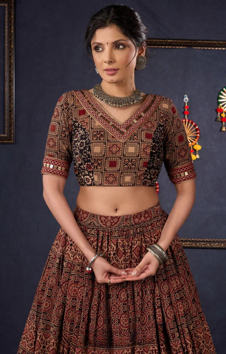 Elegant Maroon & Black Ajrakh Lehenga With Matching Blouse & Dupatta.