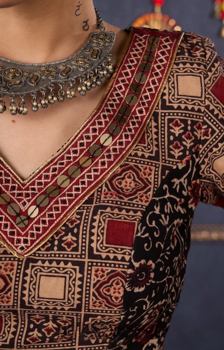 Elegant Maroon & Black Ajrakh Lehenga With Matching Blouse & Dupatta.