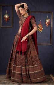 Elegant Maroon & Black Ajrakh Lehenga With Matching Blouse & Dupatta.