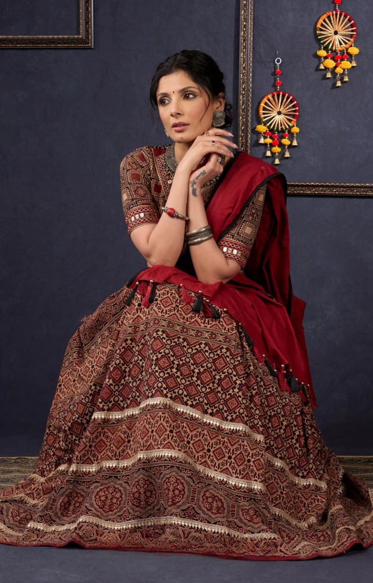 Elegant Maroon & Black Ajrakh Lehenga With Matching Blouse & Dupatta.