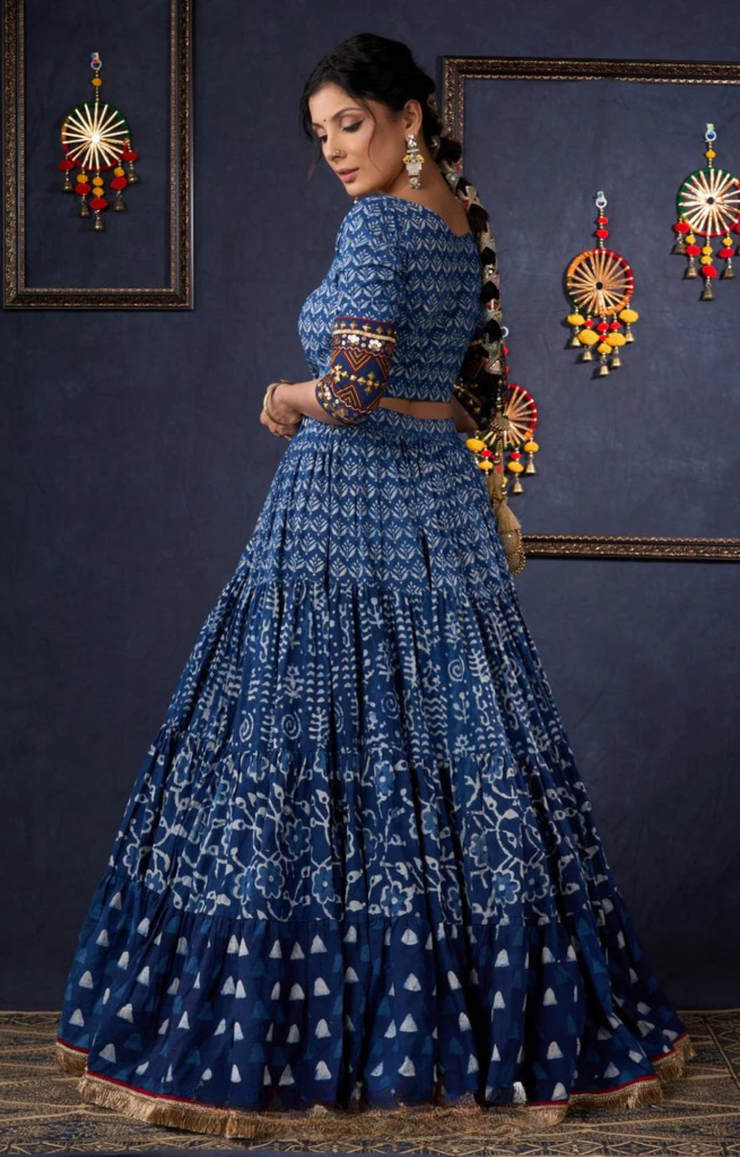 Indigo Prints Mix & Match Lehenga With Antique Gold Embroidery On Blouse & Matching Dupatta.