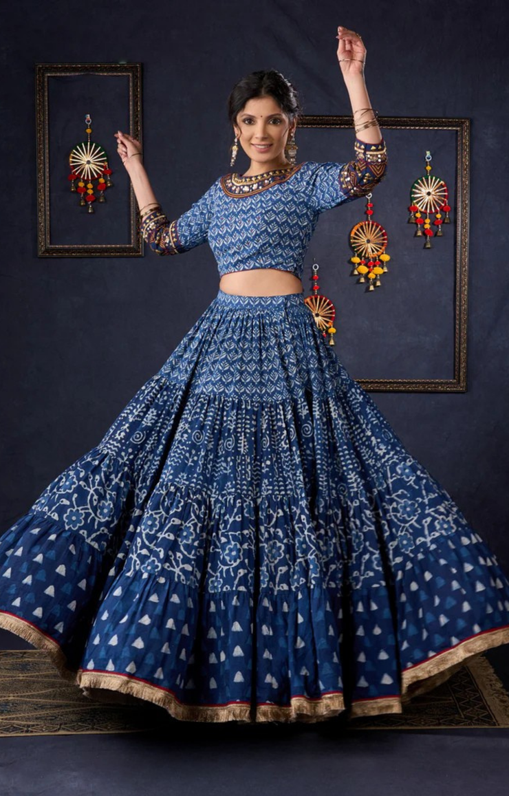Indigo Prints Mix & Match Lehenga With Antique Gold Embroidery On Blouse & Matching Dupatta.