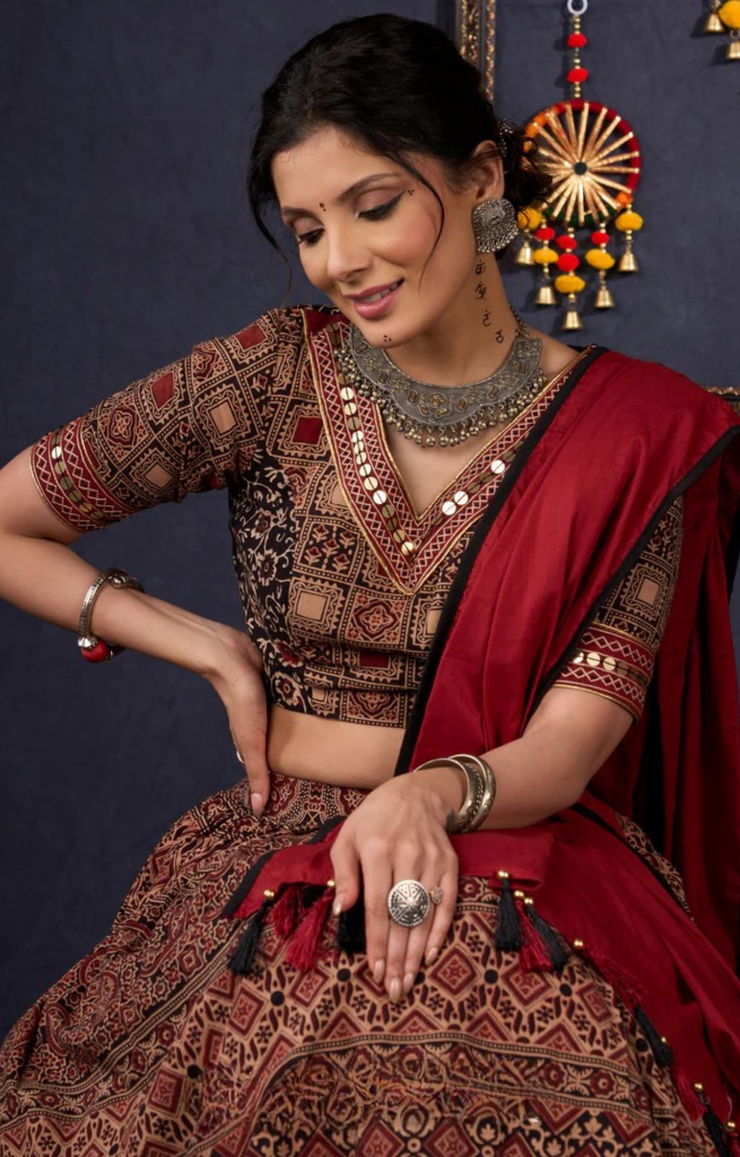 Elegant Maroon & Black Ajrakh Lehenga With Matching Blouse & Dupatta.