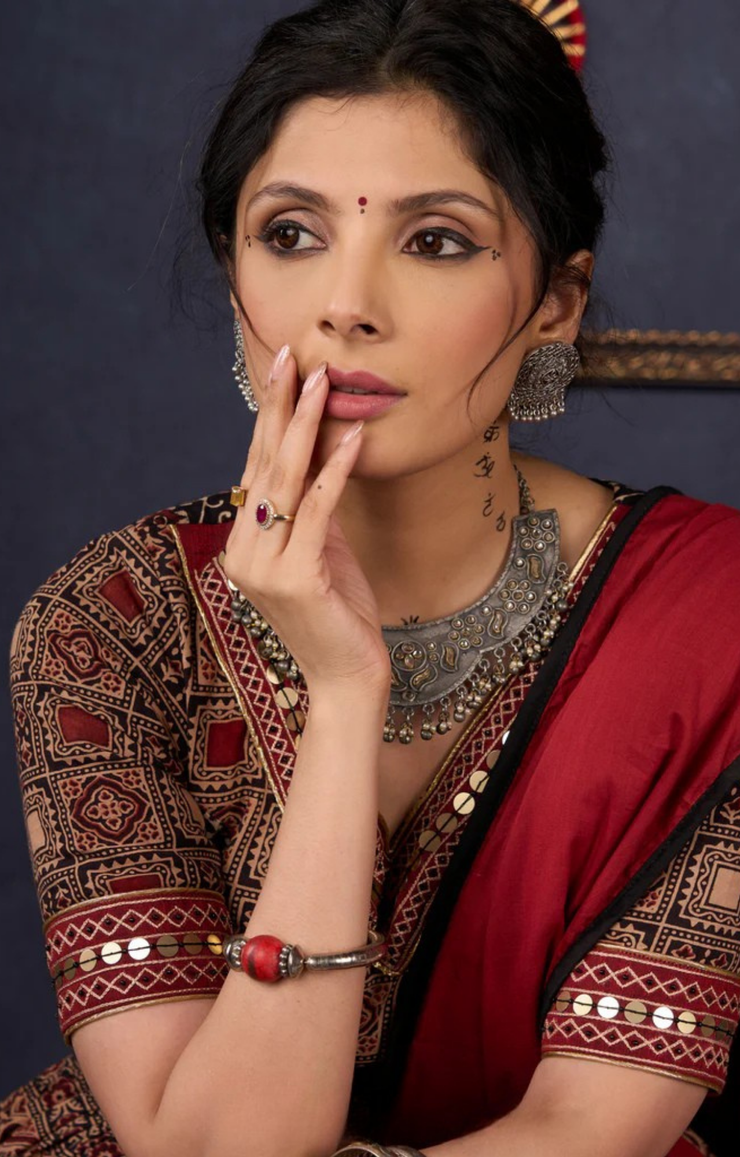 Elegant Maroon & Black Ajrakh Lehenga With Matching Blouse & Dupatta.