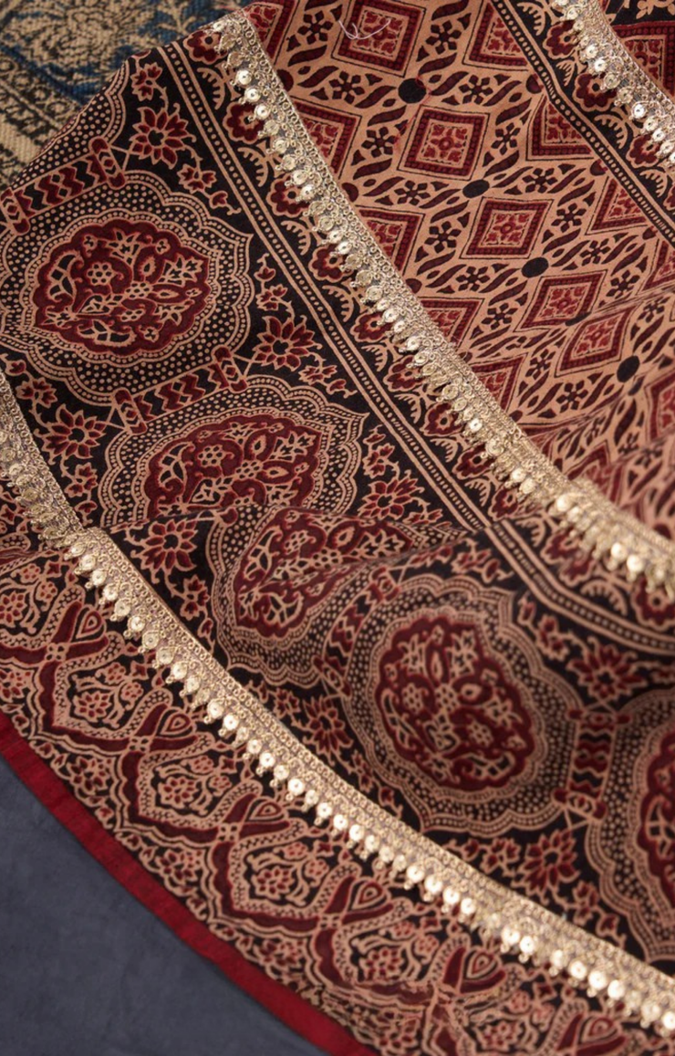 Elegant Maroon & Black Ajrakh Lehenga With Matching Blouse & Dupatta.