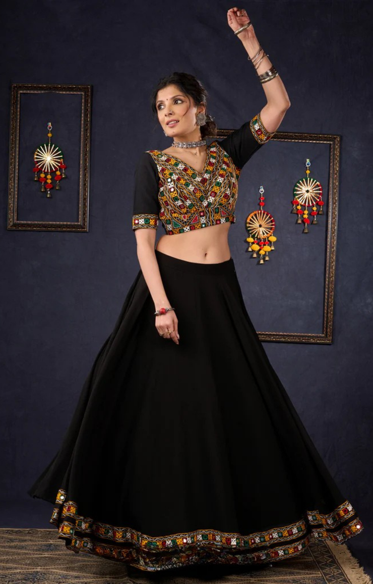 Traditional Black Kutch Work Lehenga With Matching Blouse & Dupatta .