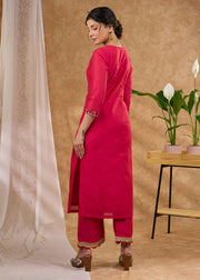 Delicately Hand-Embroidered Pink Chanderi Kurta with Pants (Dupatta Optional)