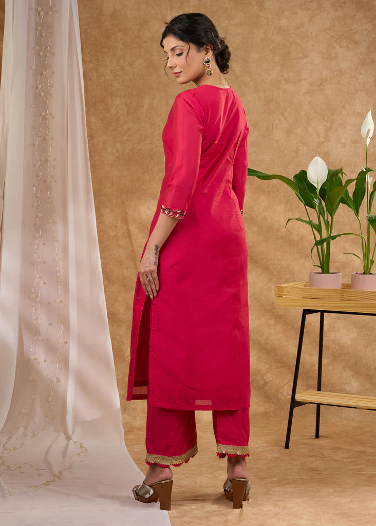 Delicately Hand-Embroidered Pink Chanderi Kurta with Pants (Dupatta Optional)
