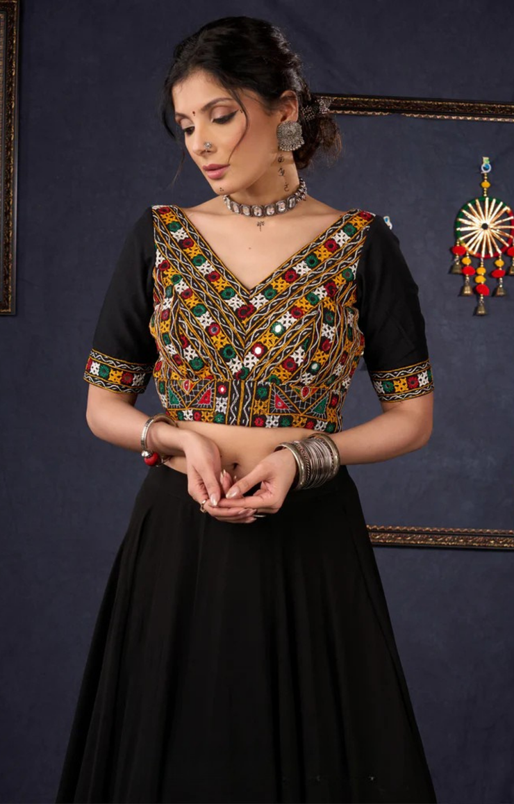 Traditional Black Kutch Work Lehenga With Matching Blouse & Dupatta .