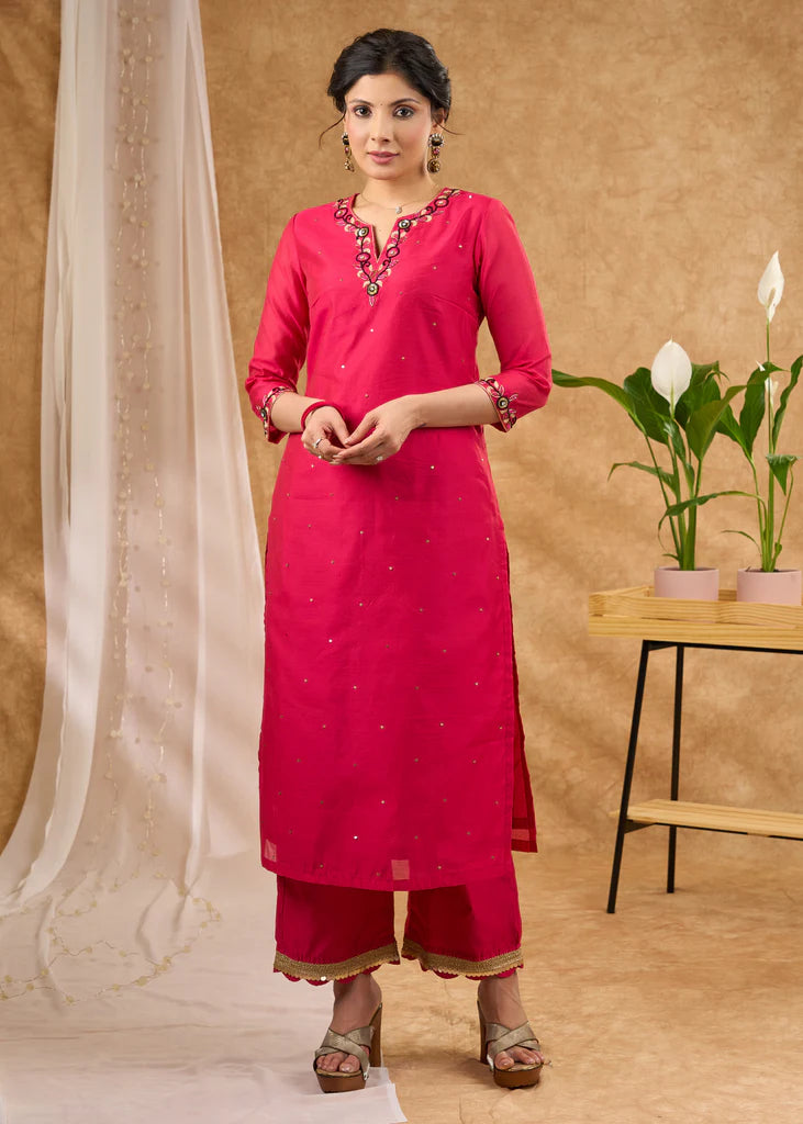 Delicately Hand-Embroidered Pink Chanderi Kurta with Pants (Dupatta Optional)
