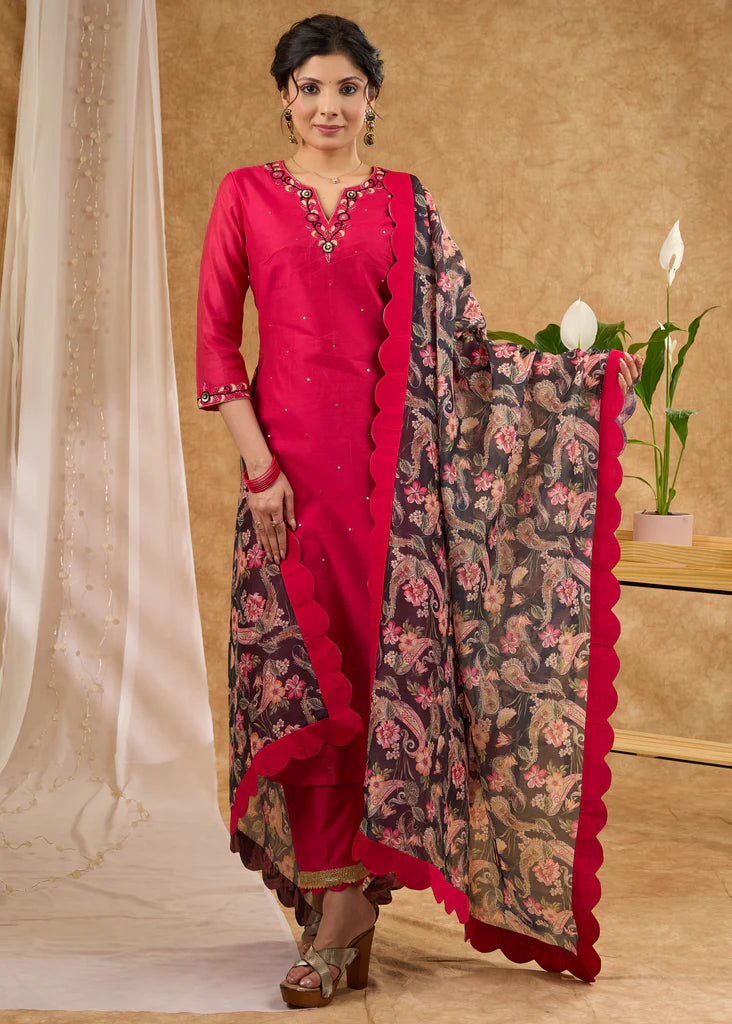 Delicately Hand-Embroidered Pink Chanderi Kurta with Pants (Dupatta Optional)