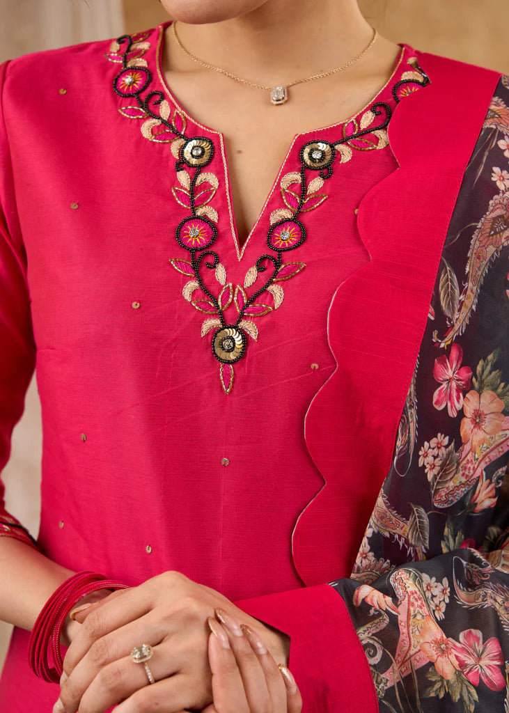 Delicately Hand-Embroidered Pink Chanderi Kurta with Pants (Dupatta Optional)