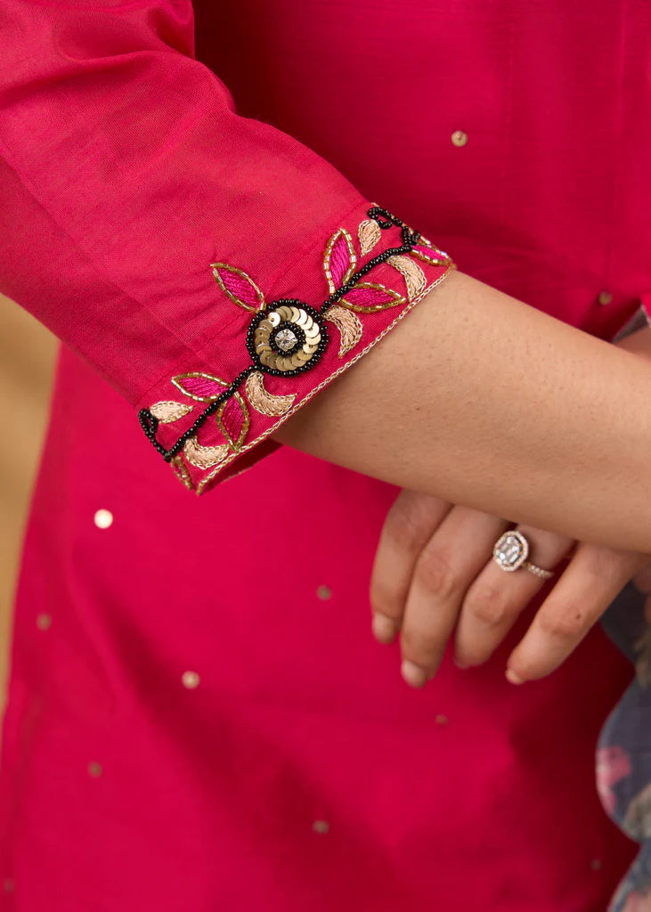 Delicately Hand-Embroidered Pink Chanderi Kurta with Pants (Dupatta Optional)