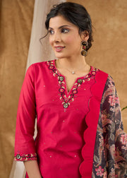 Delicately Hand-Embroidered Pink Chanderi Kurta with Pants (Dupatta Optional)