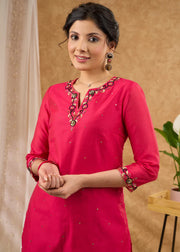 Delicately Hand-Embroidered Pink Chanderi Kurta with Pants (Dupatta Optional)