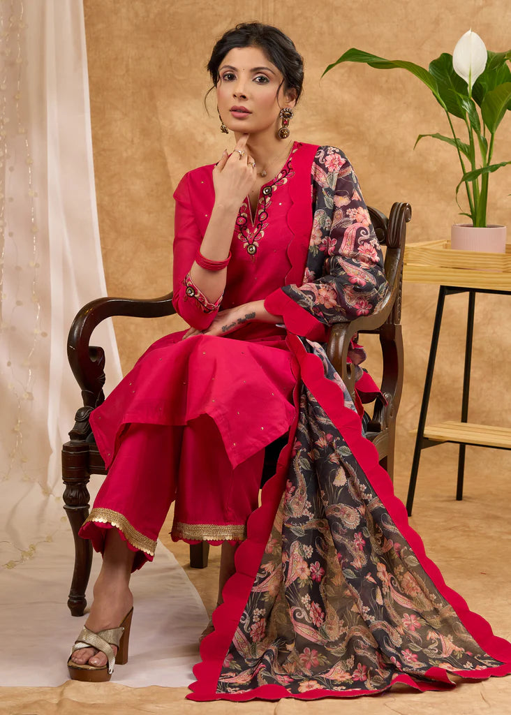 Delicately Hand-Embroidered Pink Chanderi Kurta with Pants (Dupatta Optional)
