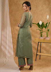 Elegant Fern Green Chanderi Kurta with Pants &amp; Intricate Appliqué Work (Dupatta Optional)
