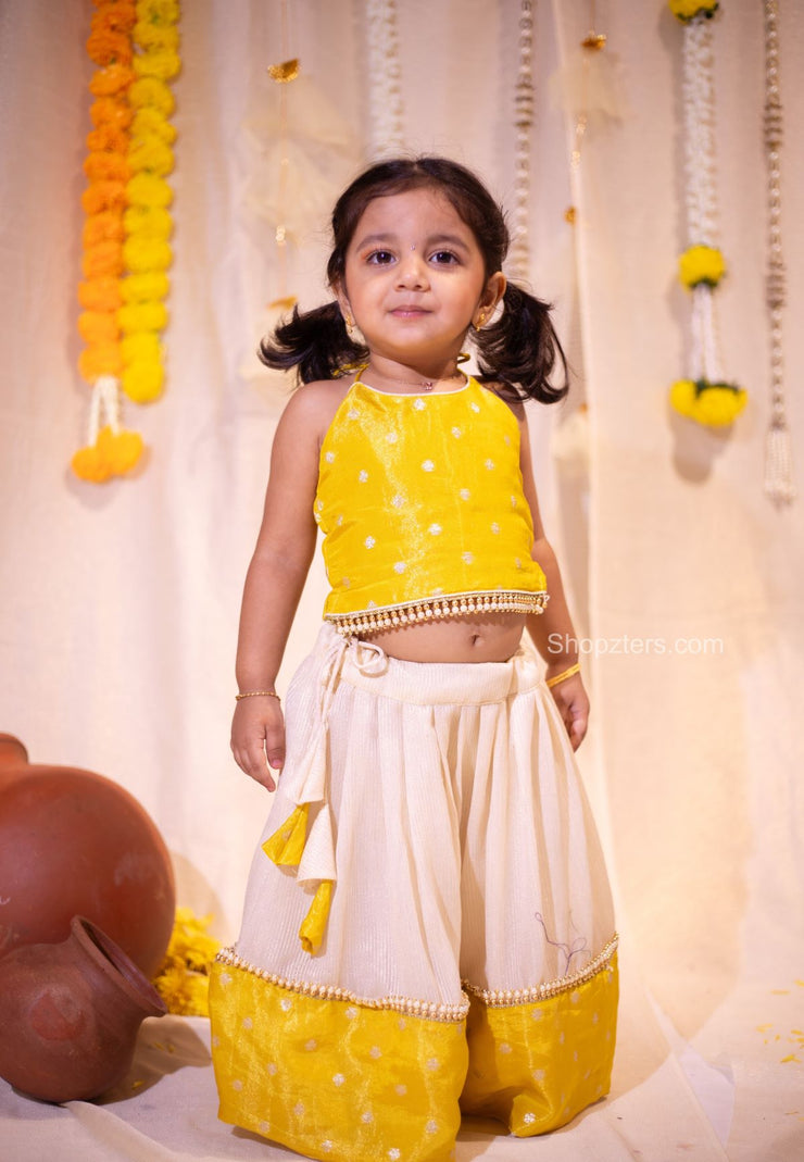 White with Yellow Banaras Tissue Chanderi Top and Skirt Set