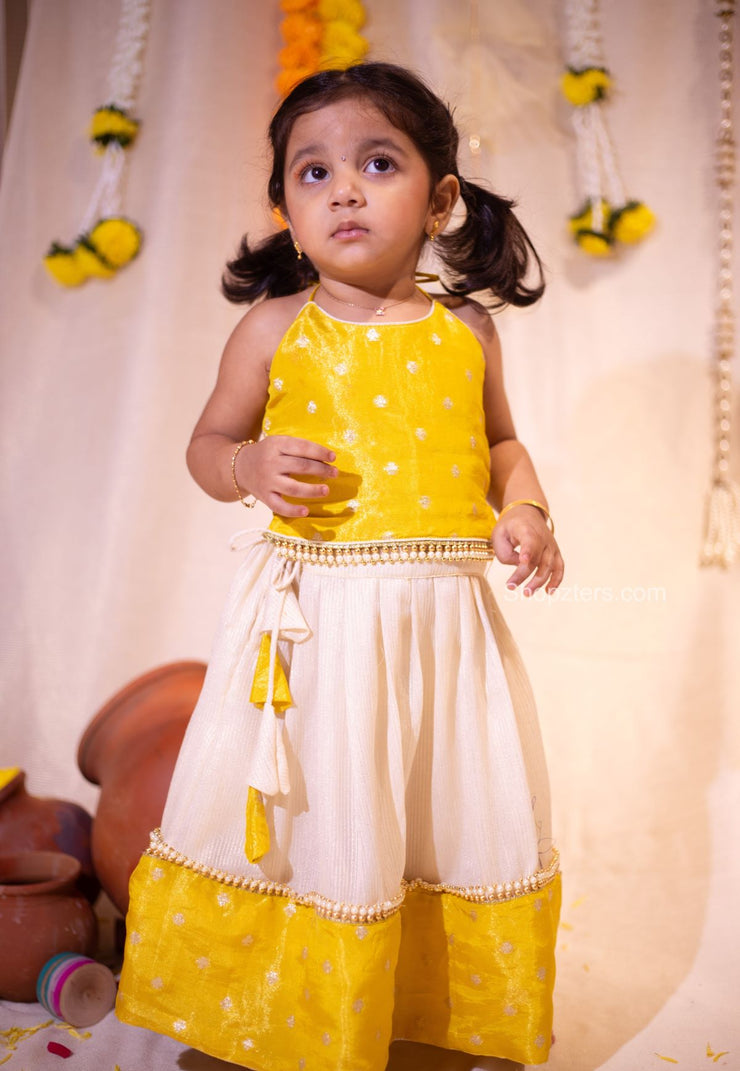 White with Yellow Banaras Tissue Chanderi Top and Skirt Set