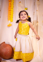White with Yellow Banaras Tissue Chanderi Top and Skirt Set