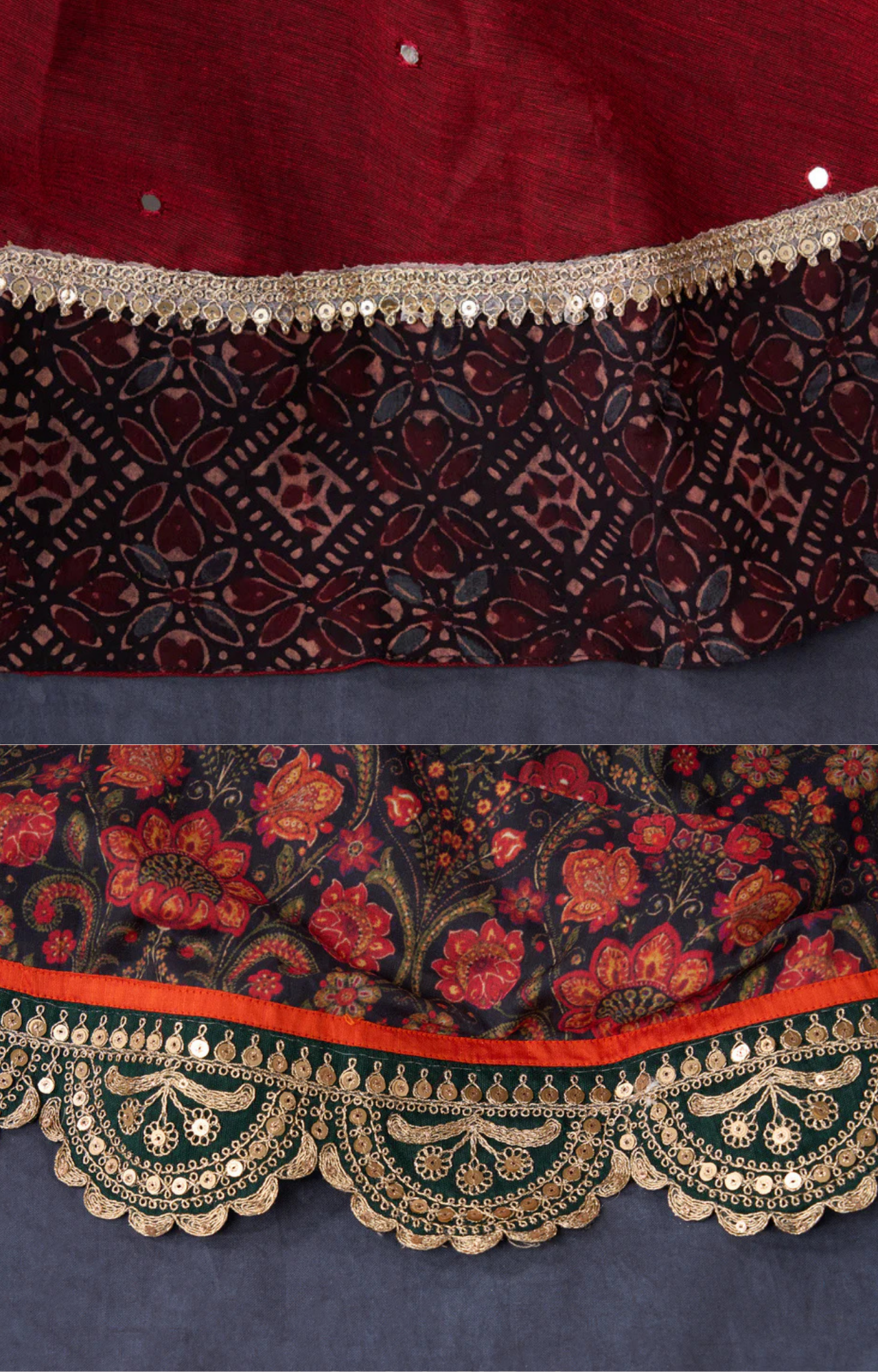 Maroon Cotton Lehenga With All Over Mirror Work & Embroidered Blouse With Matching Dupatta.