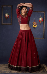 Maroon Cotton Lehenga With All Over Mirror Work & Embroidered Blouse With Matching Dupatta.