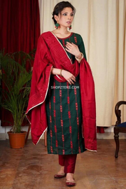 Green and Red Embroidery Kurta With Dupatta and Pants