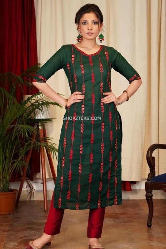 Green and Red Embroidery Kurta With Dupatta and Pants