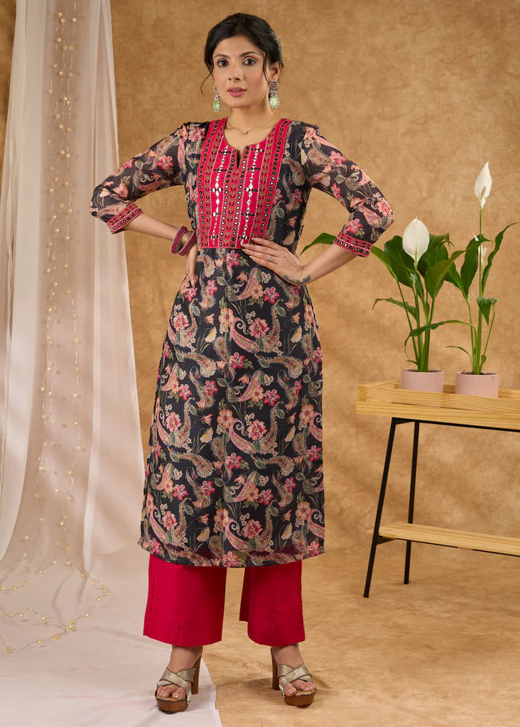 Chanderi Kurta with Exclusive Embroidery &amp; Pants (Dupatta Optional)