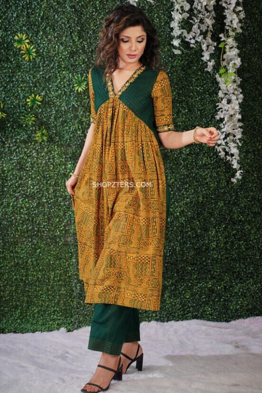 Mustard Ajrakh Kurta With Embroidery With Pants