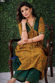Mustard Ajrakh Kurta With Embroidery With Pants