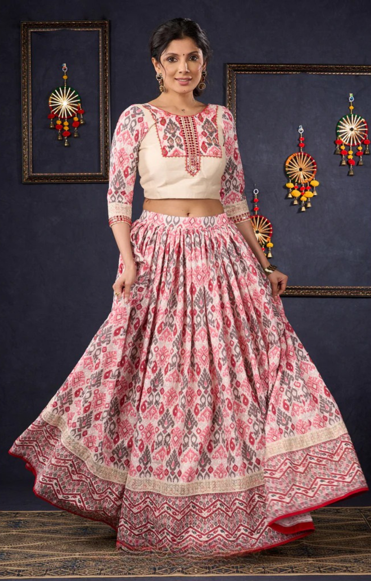 Elegant Off-White & Red Ikat Print Lehenga With Matching Blouse & Dupatta.