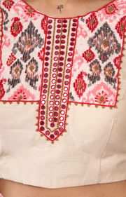 Elegant Off-White & Red Ikat Print Lehenga With Matching Blouse & Dupatta.