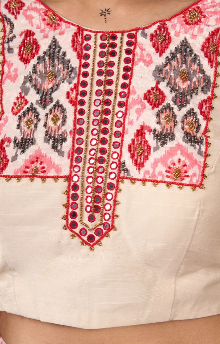 Elegant Off-White & Red Ikat Print Lehenga With Matching Blouse & Dupatta.