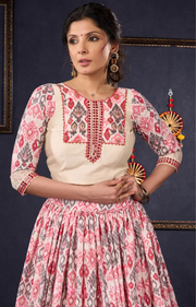 Elegant Off-White & Red Ikat Print Lehenga With Matching Blouse & Dupatta.