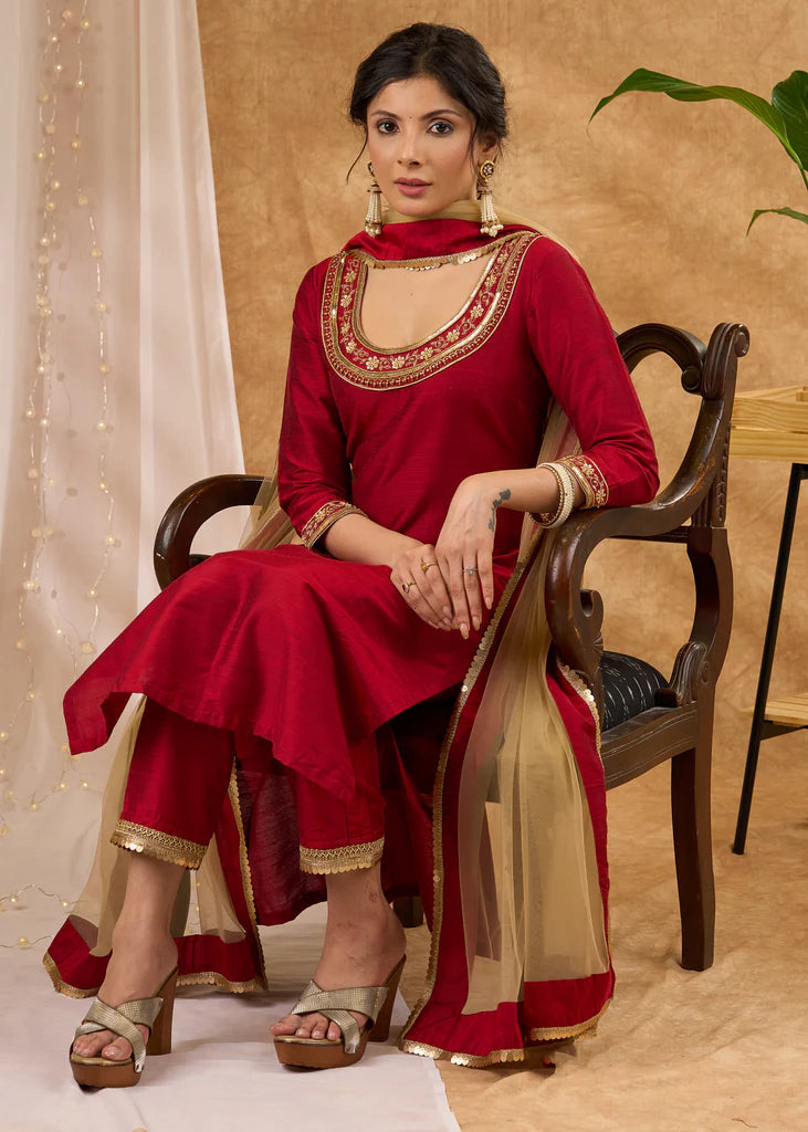 Graceful hand embroidered maroon cotton silk kurta Dupatta optional