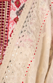Elegant Off-White & Red Ikat Print Lehenga With Matching Blouse & Dupatta.