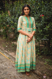 Coral Blue Semi Linen Floral Maxi Dress