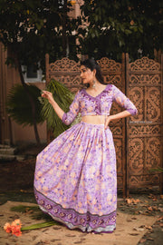 Lilac Semi Linen Floral Crop Top Skirt Set