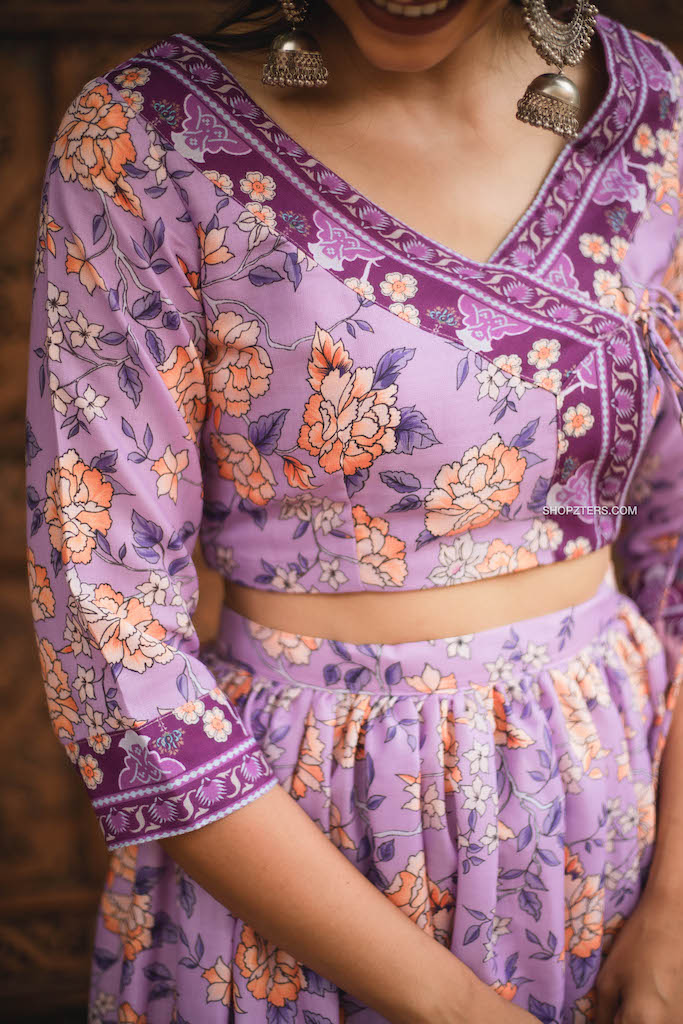 Lilac Semi Linen Floral Crop Top Skirt Set