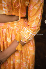 Mango Yellow Semi Linen Floral Crop Top Skirt Set