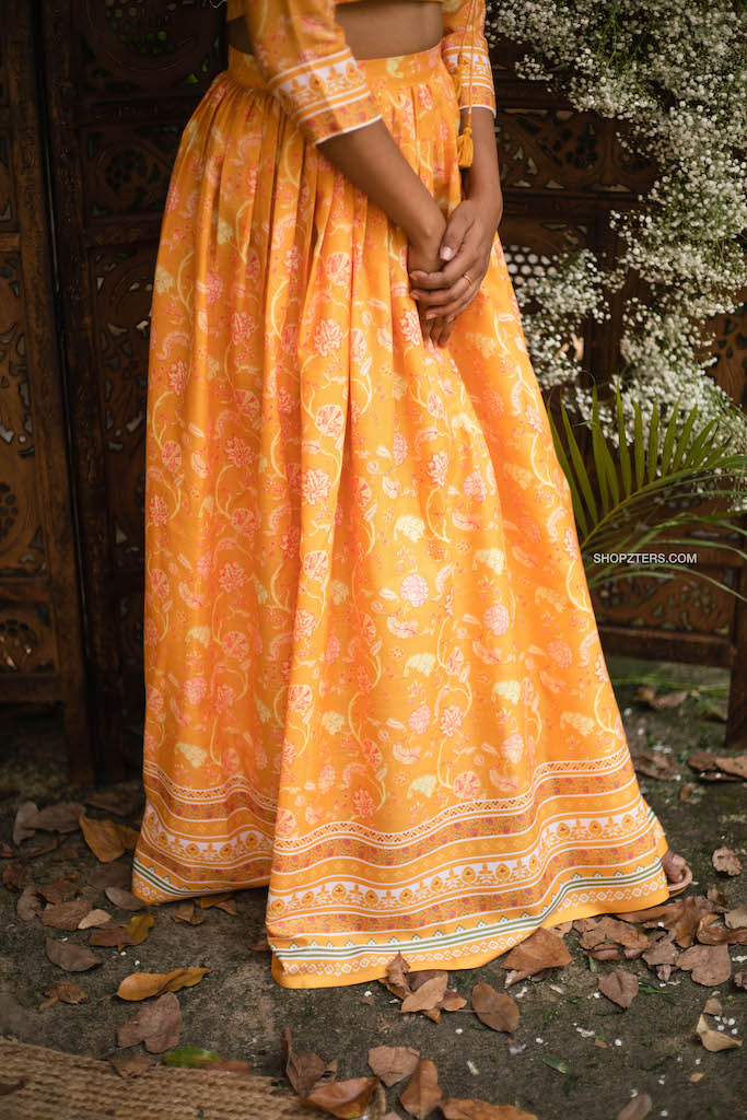 Mango Yellow Semi Linen Floral Crop Top Skirt Set