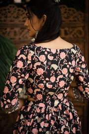 Black Semi Linen Floral Crop Top Skirt Set