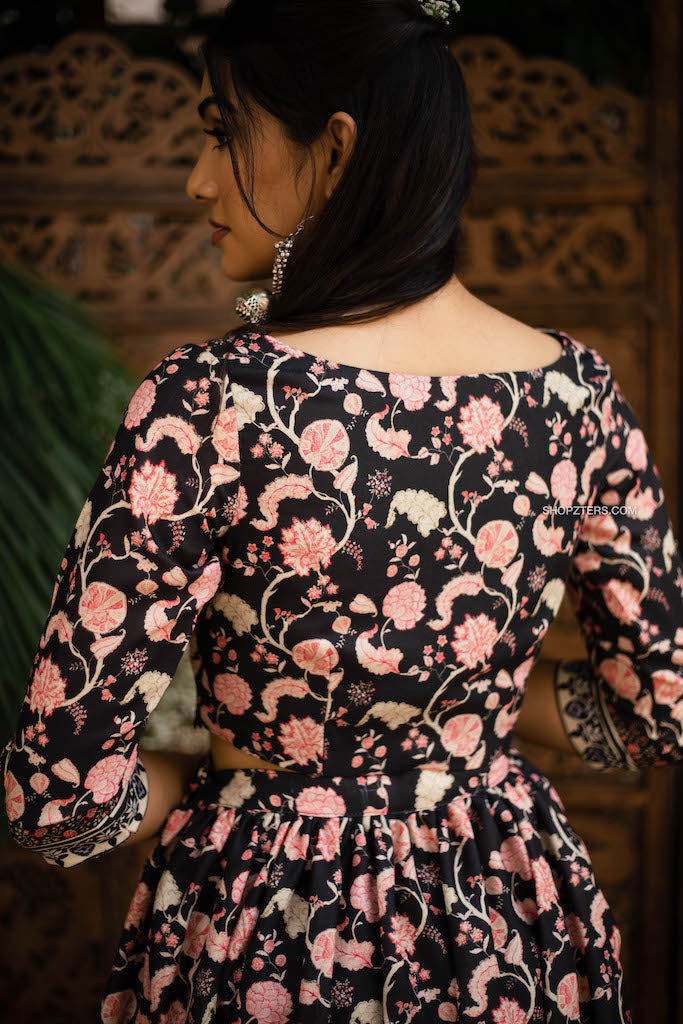 Black Semi Linen Floral Crop Top Skirt Set