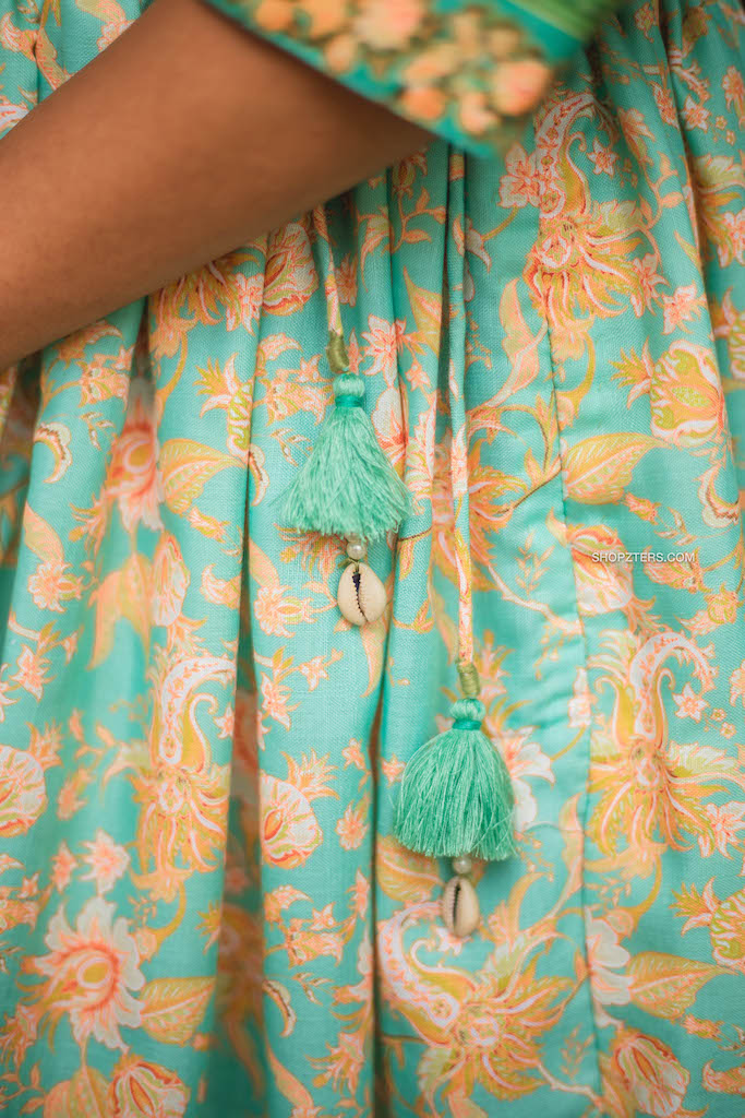 Coral Blue Semi Linen Floral Crop Top Skirt Set