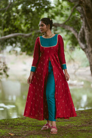 Red Indo Western Slit Dress with Blue Pant